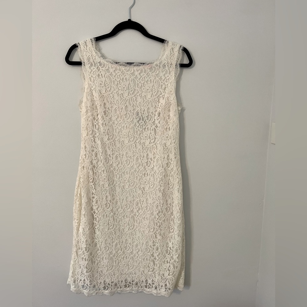 Adrianna Papell White Lace Dress with Exposed Zipper on Back